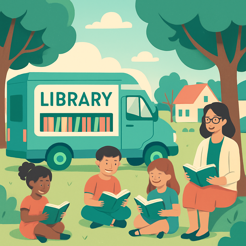 Ilustrasi mobil perpustakaan keliling dengan anak-anak membaca buku